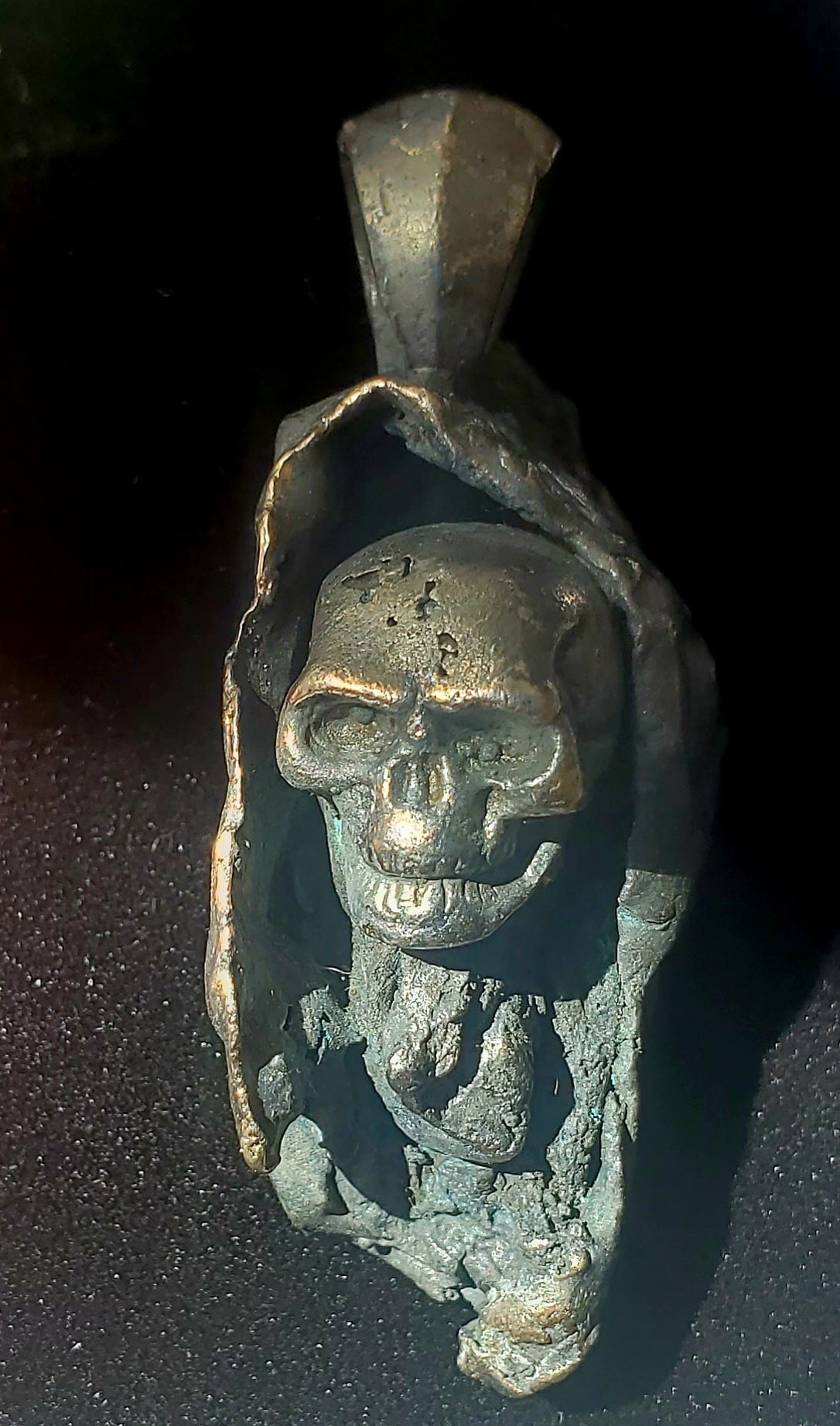 Oxidized Brass and Silver Skull Pendent.