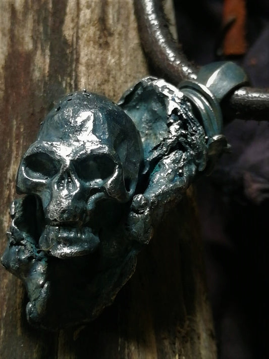 Oxidized Brass and Silver Skull Pendent