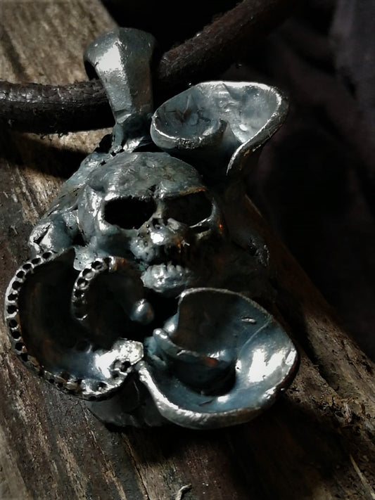 Oxidized Brass and Silver Skull Pendent