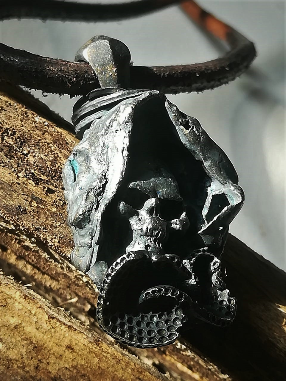 Oxidized Brass and Silver Skull Pendent